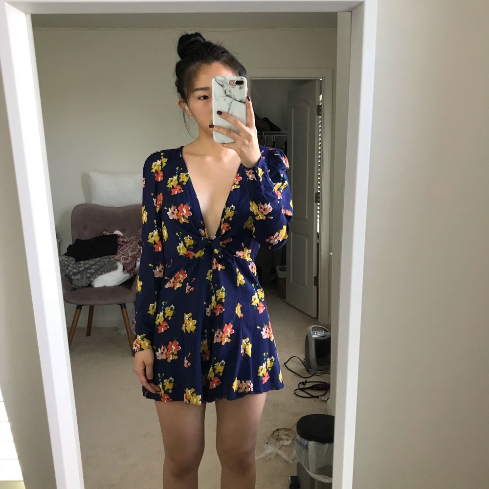blue floral deep v neck uo romper